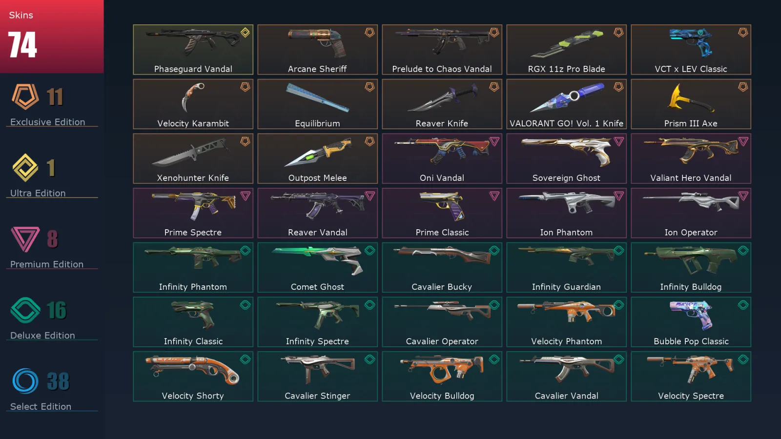 [Valorant] | EU | Level 313 | 28 Agents | 74 Skins