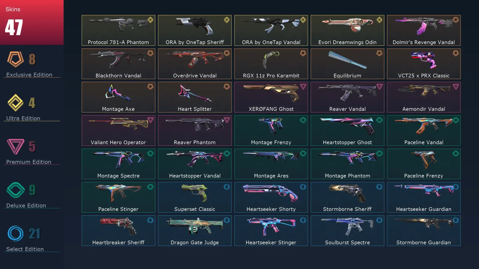 [Valorant] | EU | Level 66 | Ascendant 1 | 17 Agents | 47 Skins