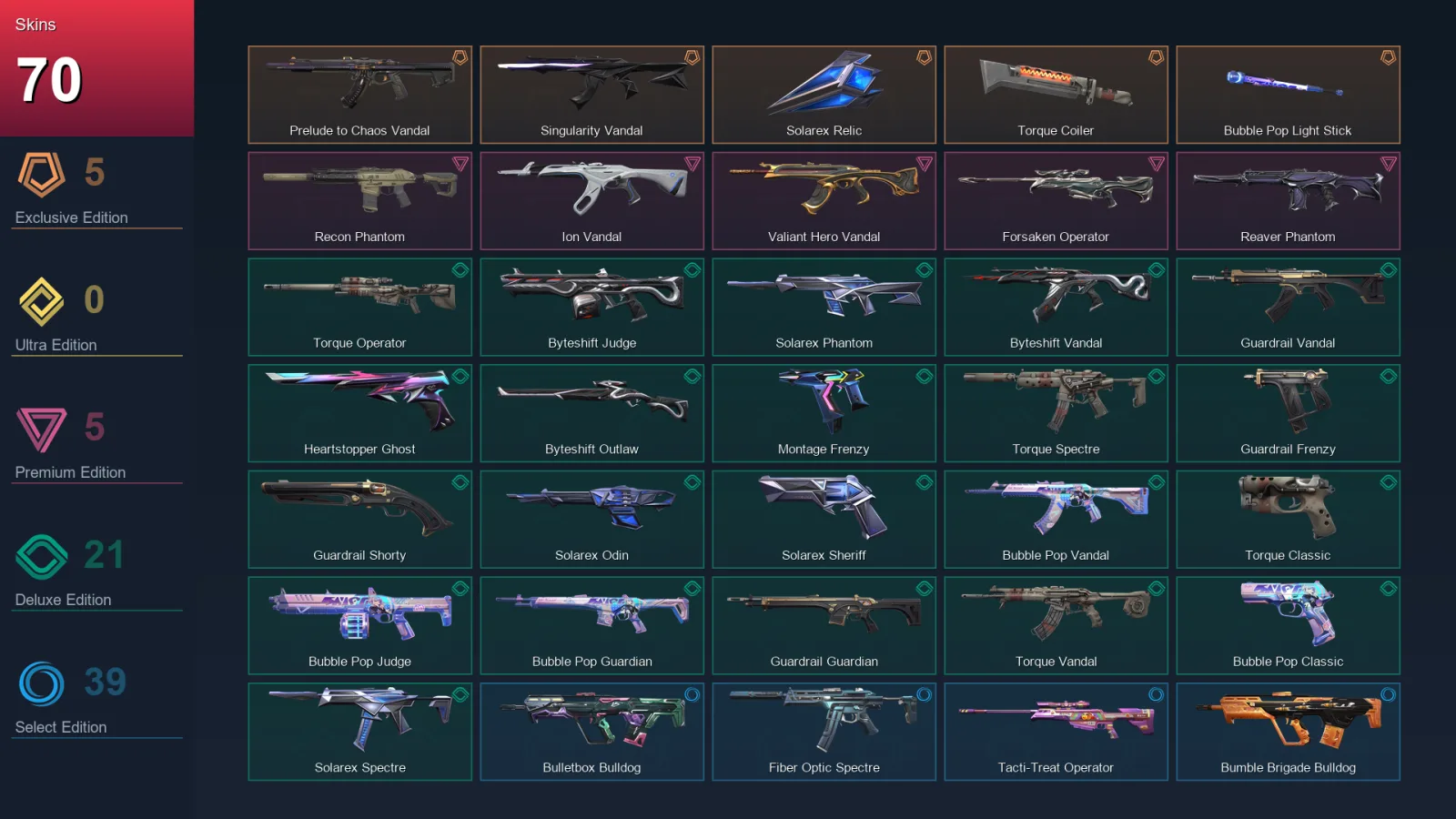 AP | Prelude to Chaos Vandal | Singularity Vandal | Solarex Relic | Torque Coiler | 70 Skin | 29 Agent | 96 Buddy | Lv120