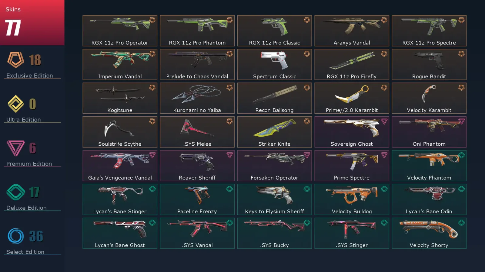 [Valorant] | EU | Level 148 | 29 Agents | 77 Skins