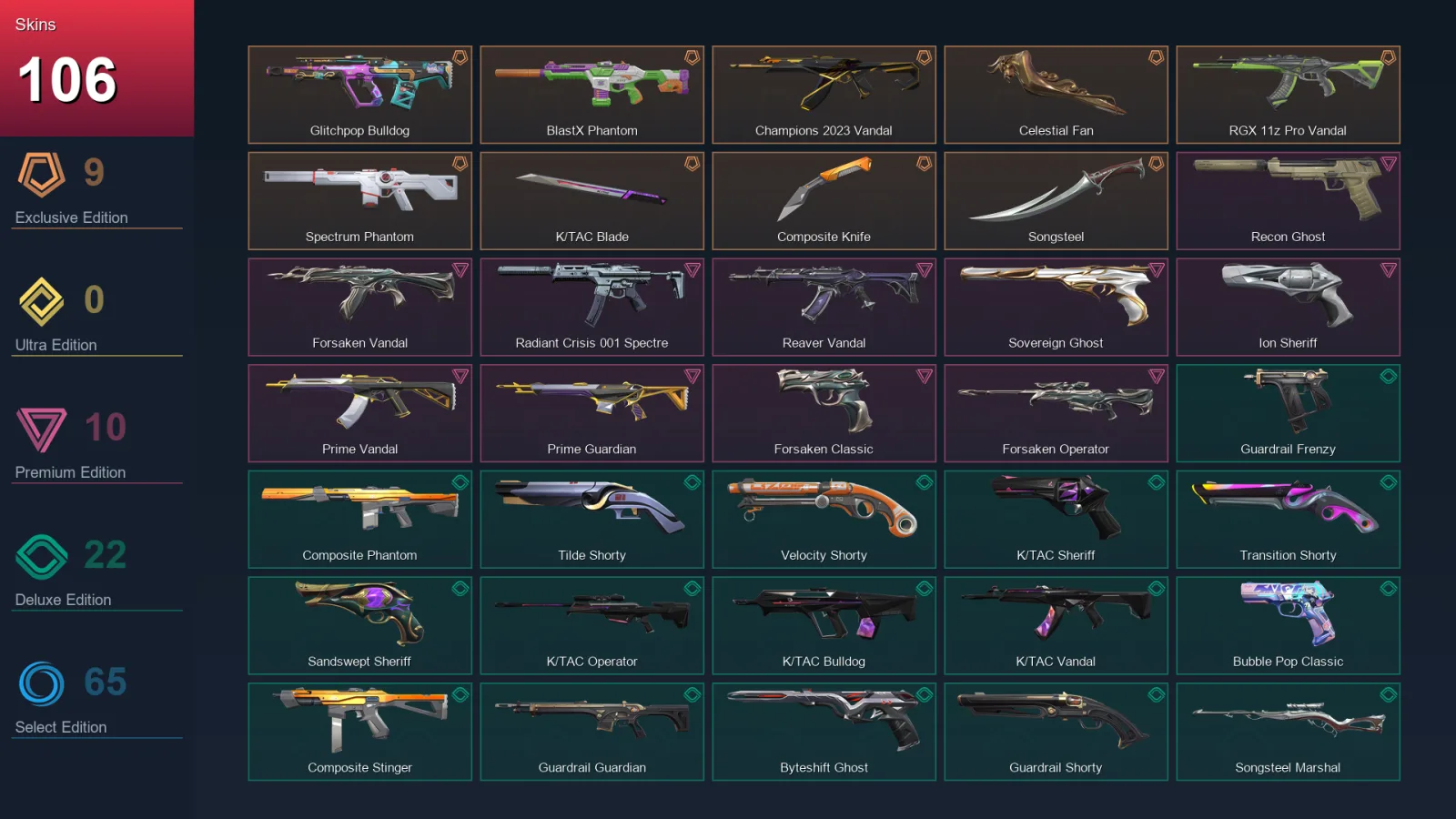 EU | Lv459 | Unranked | 106 Skin | 29 Agent | 163 Buddy
