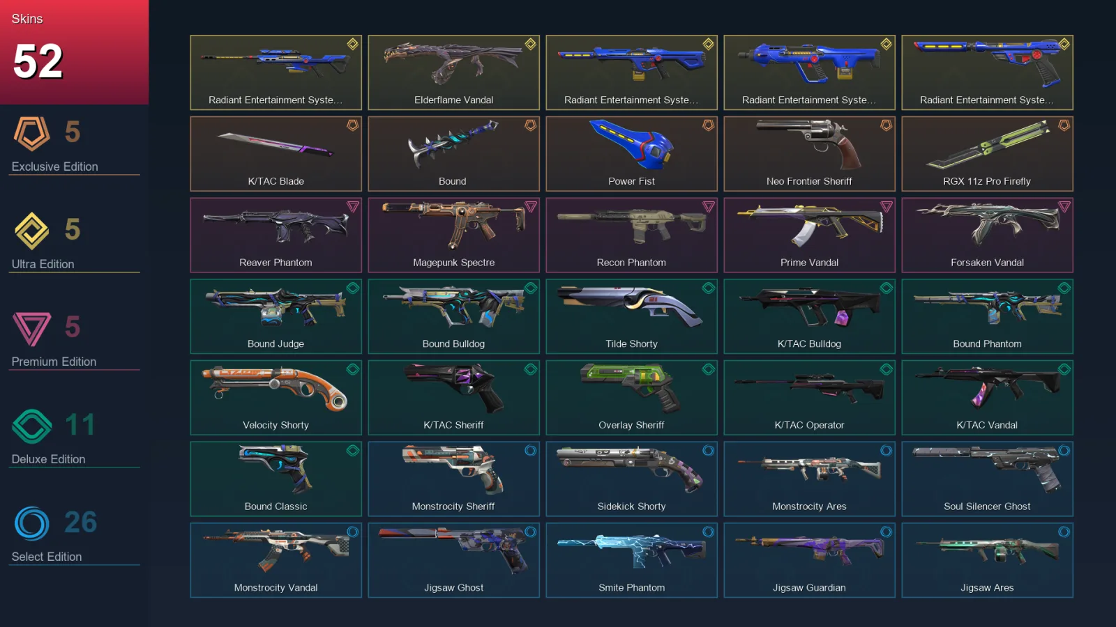 NA | Lv185 | Unranked | 52 Skin | 27 Agent | 83 Buddy