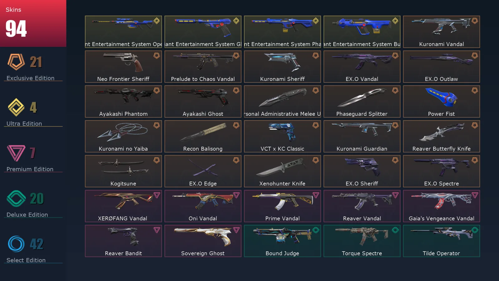 [Valorant] | EU | Level 96 | Platinum 2 | 29 Agents | 94 Skins