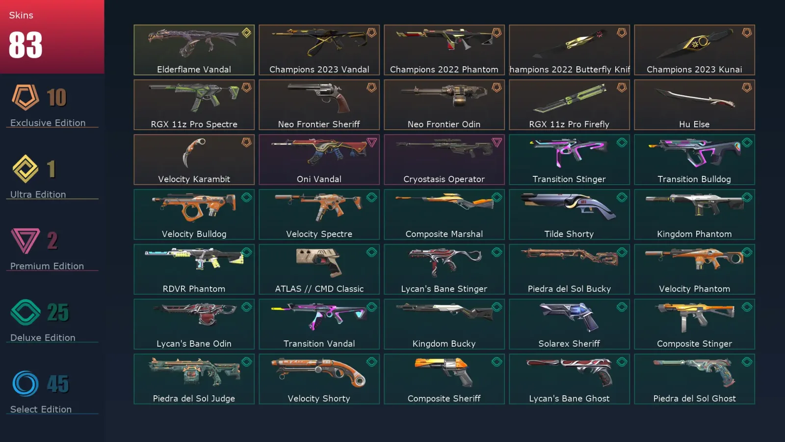 [Valorant] | EU | Level 180 | 26 Agents | 83 Skins