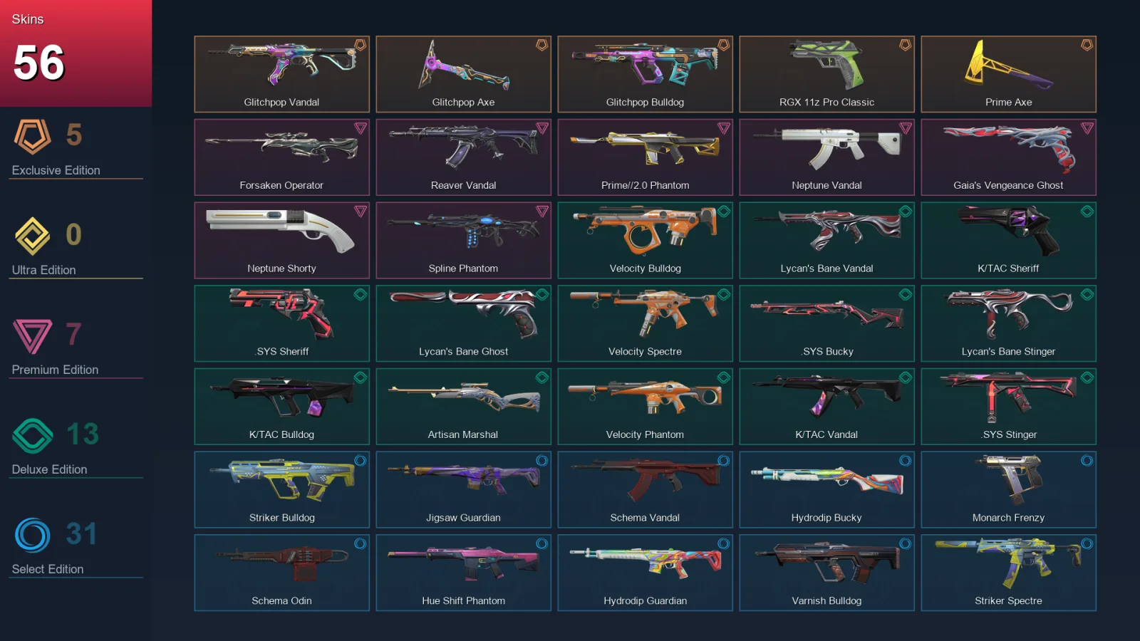 EU | Lv56 | Unranked | 56 Skin | 13 Agent | 48 Buddy