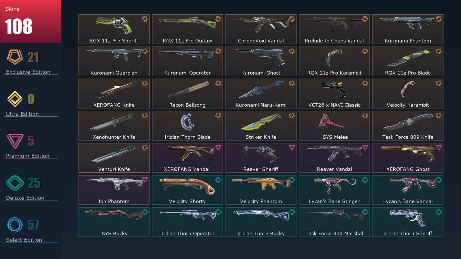 [Valorant] | EU | Level 258 | Diamond 3 | 29 Agents | 108 Skins