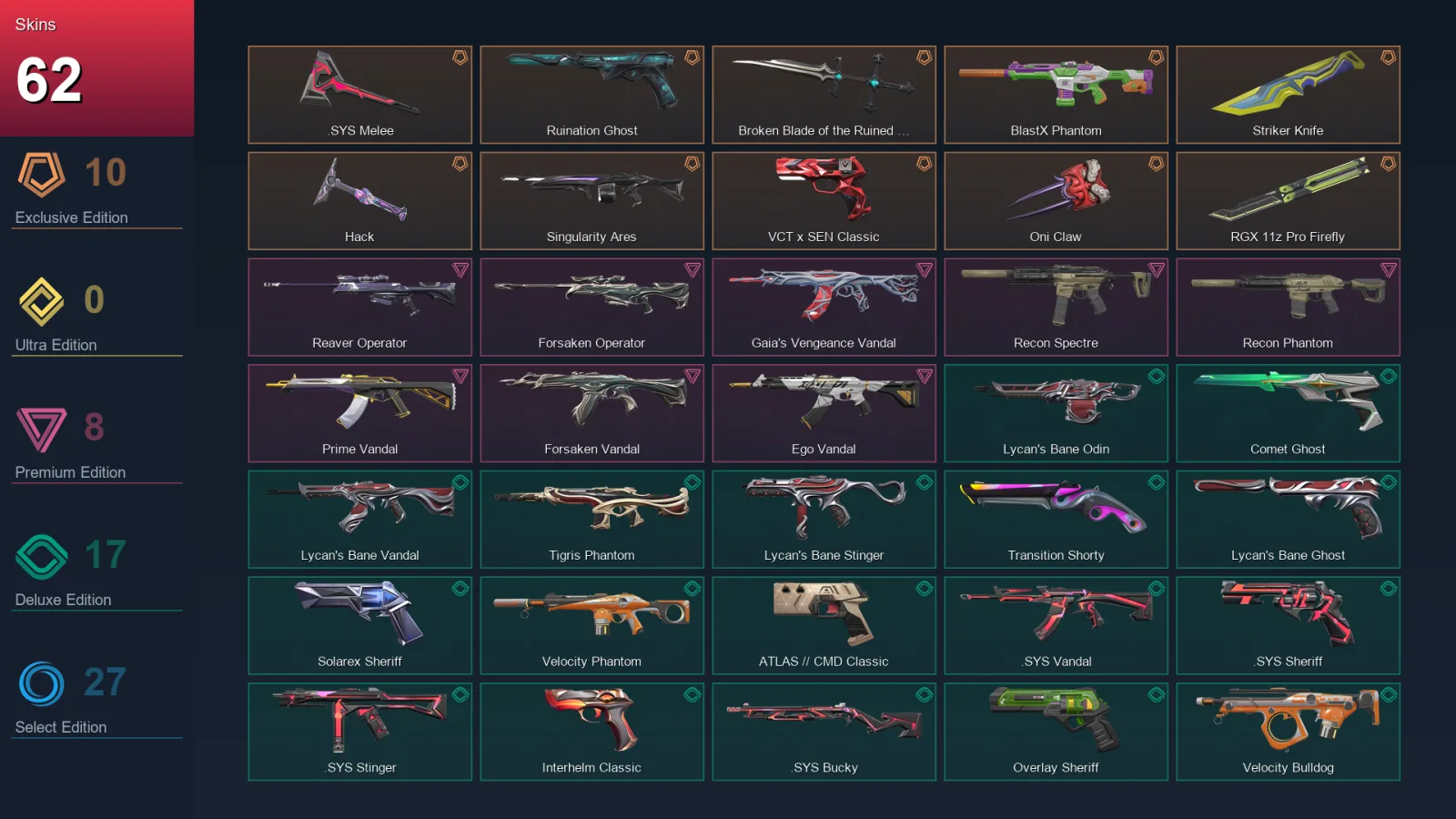 AP | Lv262 | Unranked | 62 Skin | 27 Agent | 115 Buddy — Hue Shift Shorty