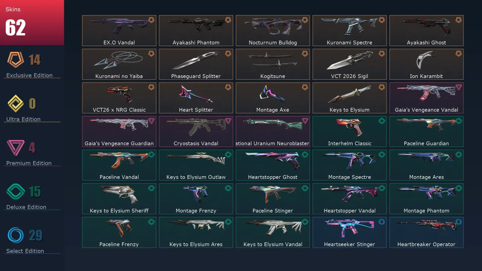 [Valorant] | EU | Level 89 | Ascendant 2 | 16 Agents | 62 Skins — Valorant account