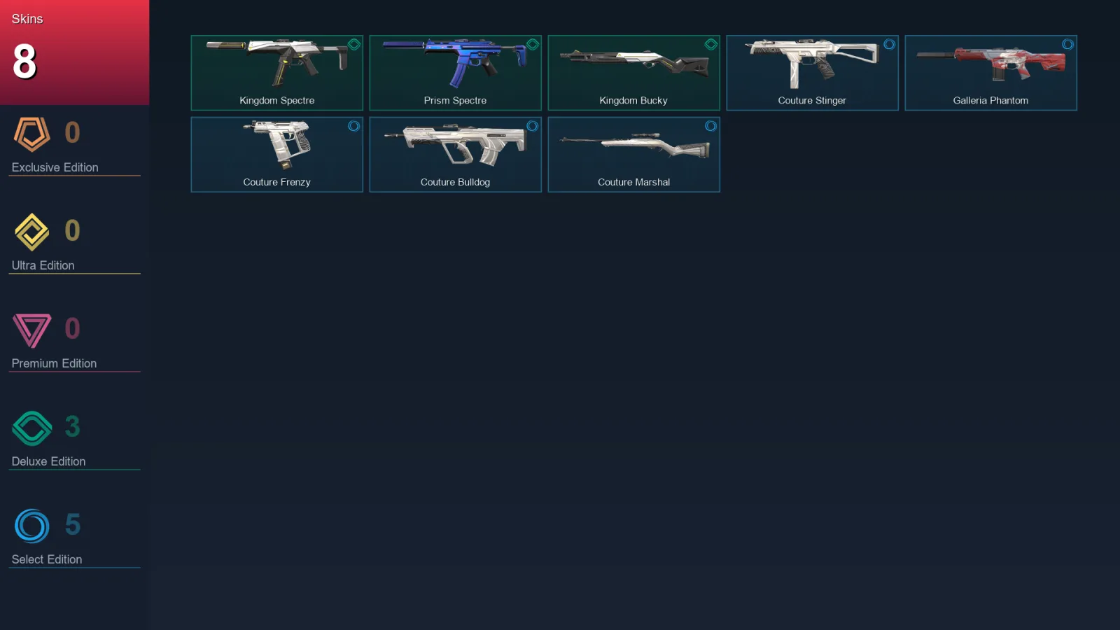 EU | Kingdom Spectre | Prism Spectre | Kingdom Bucky | Couture Stinger | 8 Skin | 8 Agent | 7 Buddy | Lv1