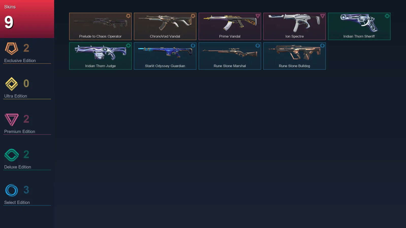 AP | Prelude to Chaos Operator | ChronoVoid Vandal | Prime Vandal | Ion Spectre | 9 Skin | 16 Agent | 27 Buddy | Lv53