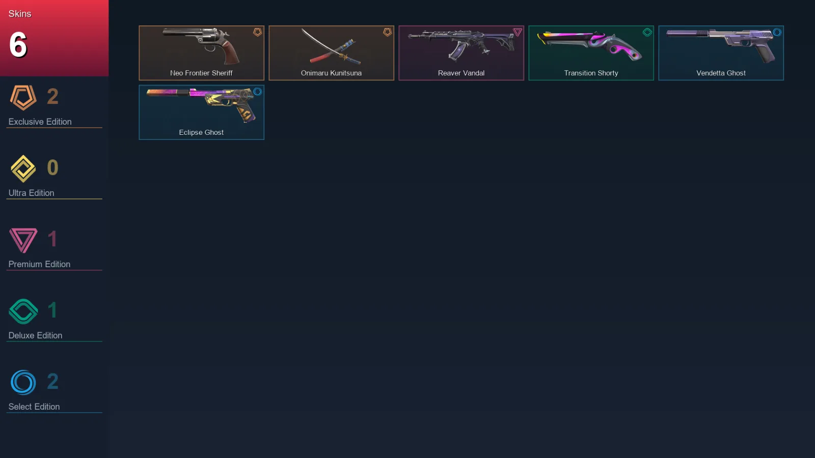 AP | Neo Frontier Sheriff | Onimaru Kunitsuna | Reaver Vandal | Transition Shorty | 6 Skin | 28 Agent | 70 Buddy | Lv138