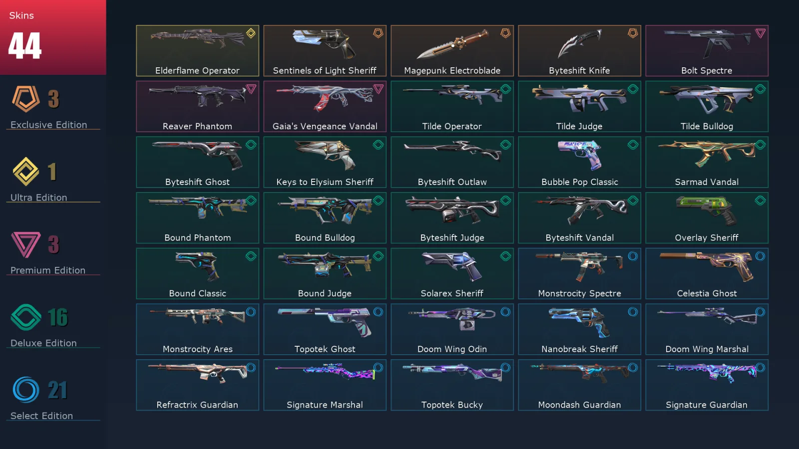 [Valorant] | EU | Level 177 | Gold 1 | 29 Agents | 44 Skins