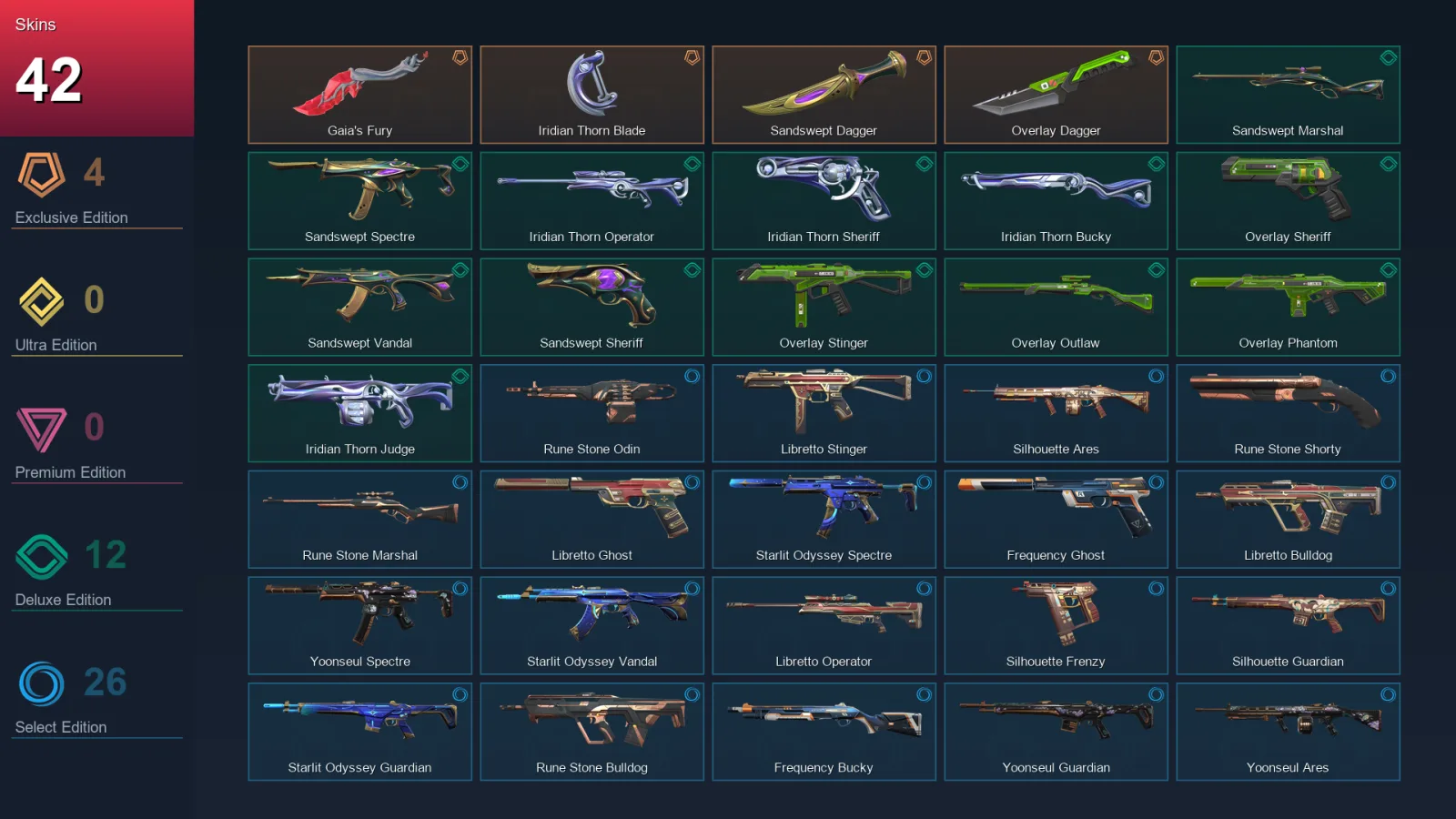 AP | Gaia's Fury | Iridian Thorn Blade | Sandswept Dagger | Overlay Dagger | 42 Skin | 27 Agent | 62 Buddy | Lv111