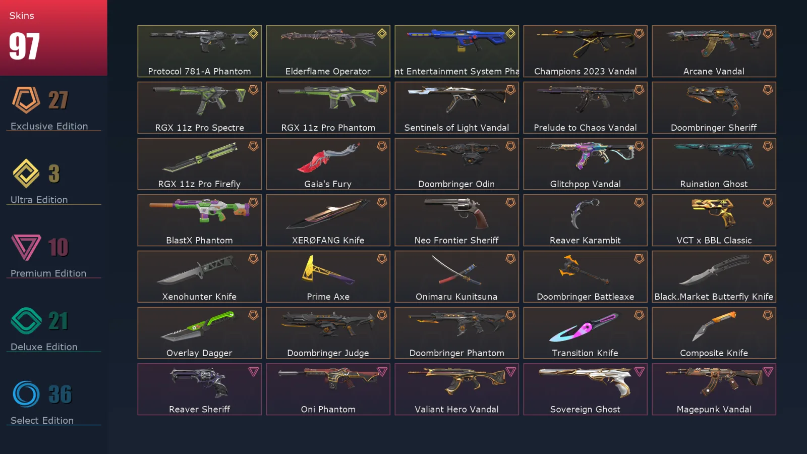 [Valorant] | EU | Level 163 | Gold 3 | 29 Agents | 97 Skins