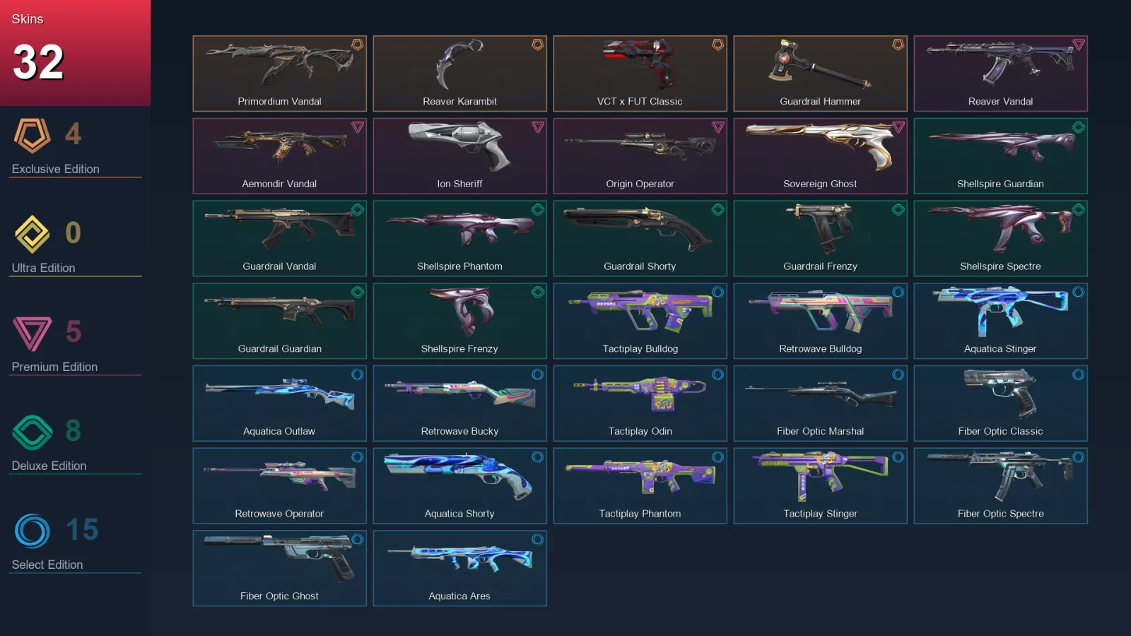 EU | Primordium Vandal | Reaver Karambit | VCT x FUT Classic | Guardrail Hammer | 32 Skin | 19 Agent | 29 Buddy | Lv55