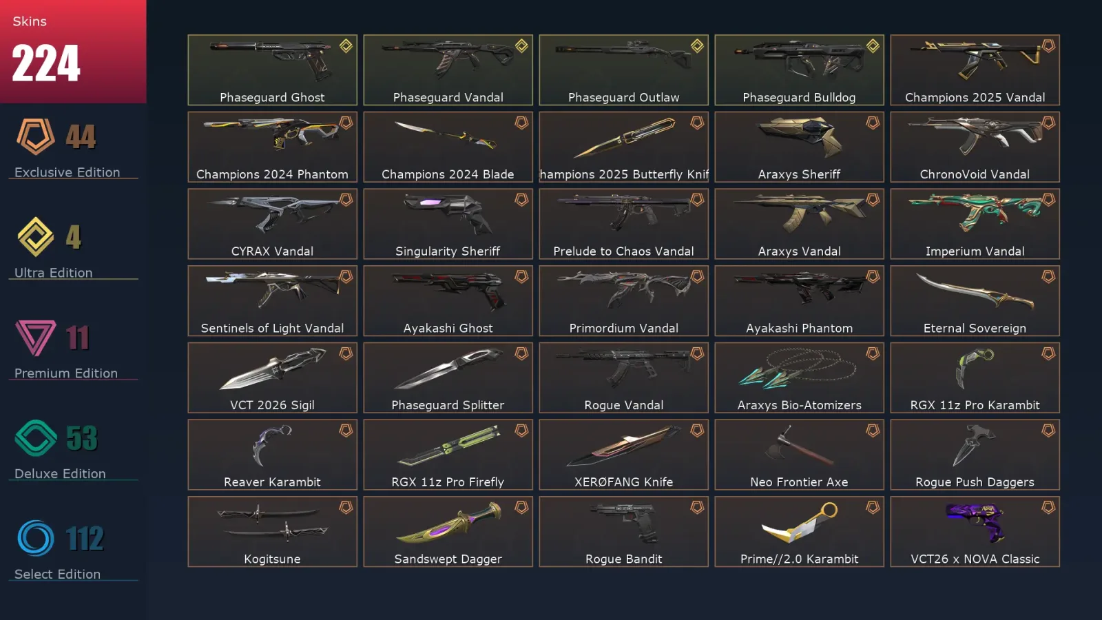 [Valorant] | EU | Level 355 | 29 Agents | 224 Skins