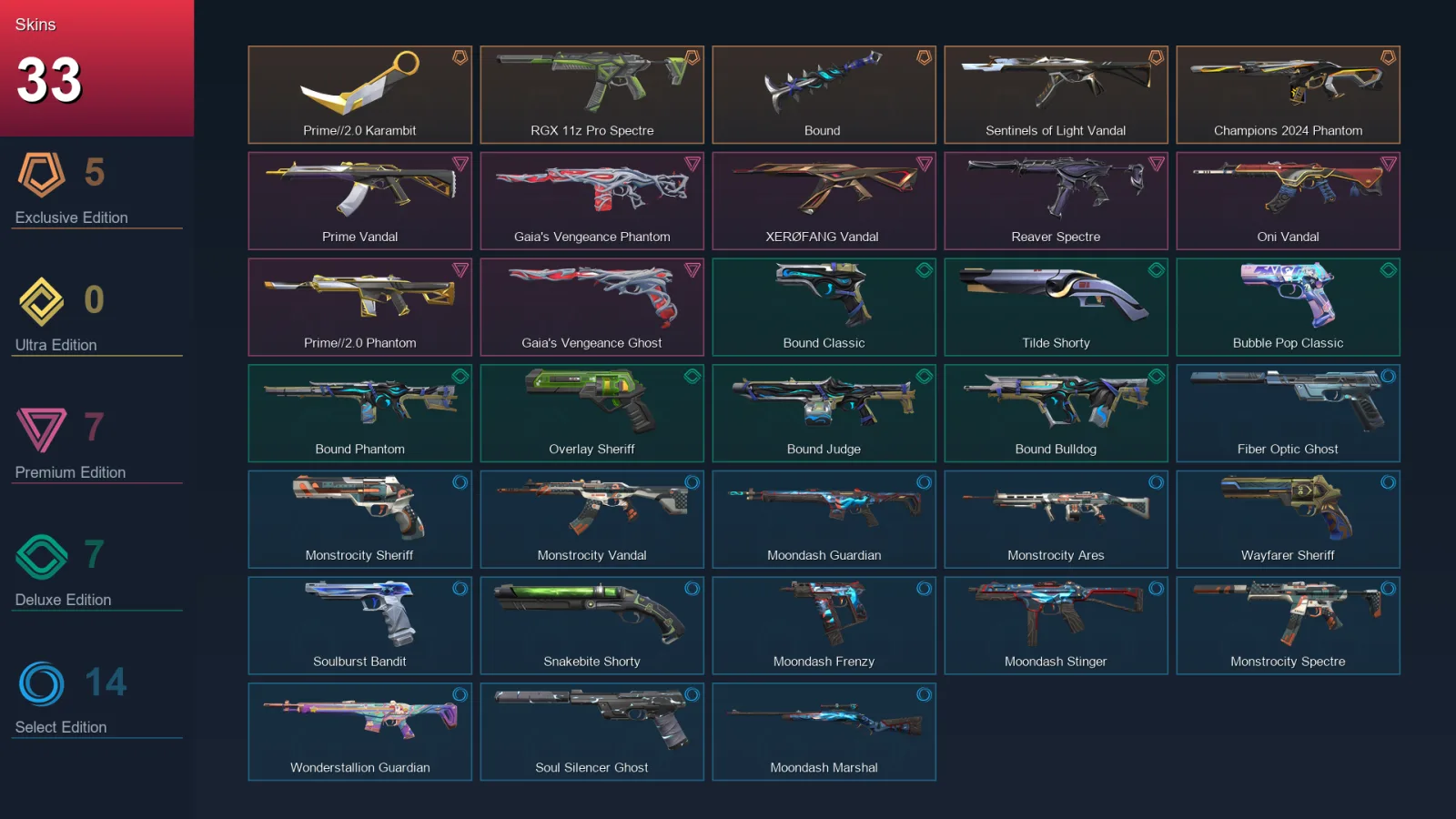 LA | Prime//2.0 Karambit | RGX 11z Pro Spectre | Bound | Sentinels of Light Vandal | 33 Skin | 29 Agent | 64 Buddy | Lv142