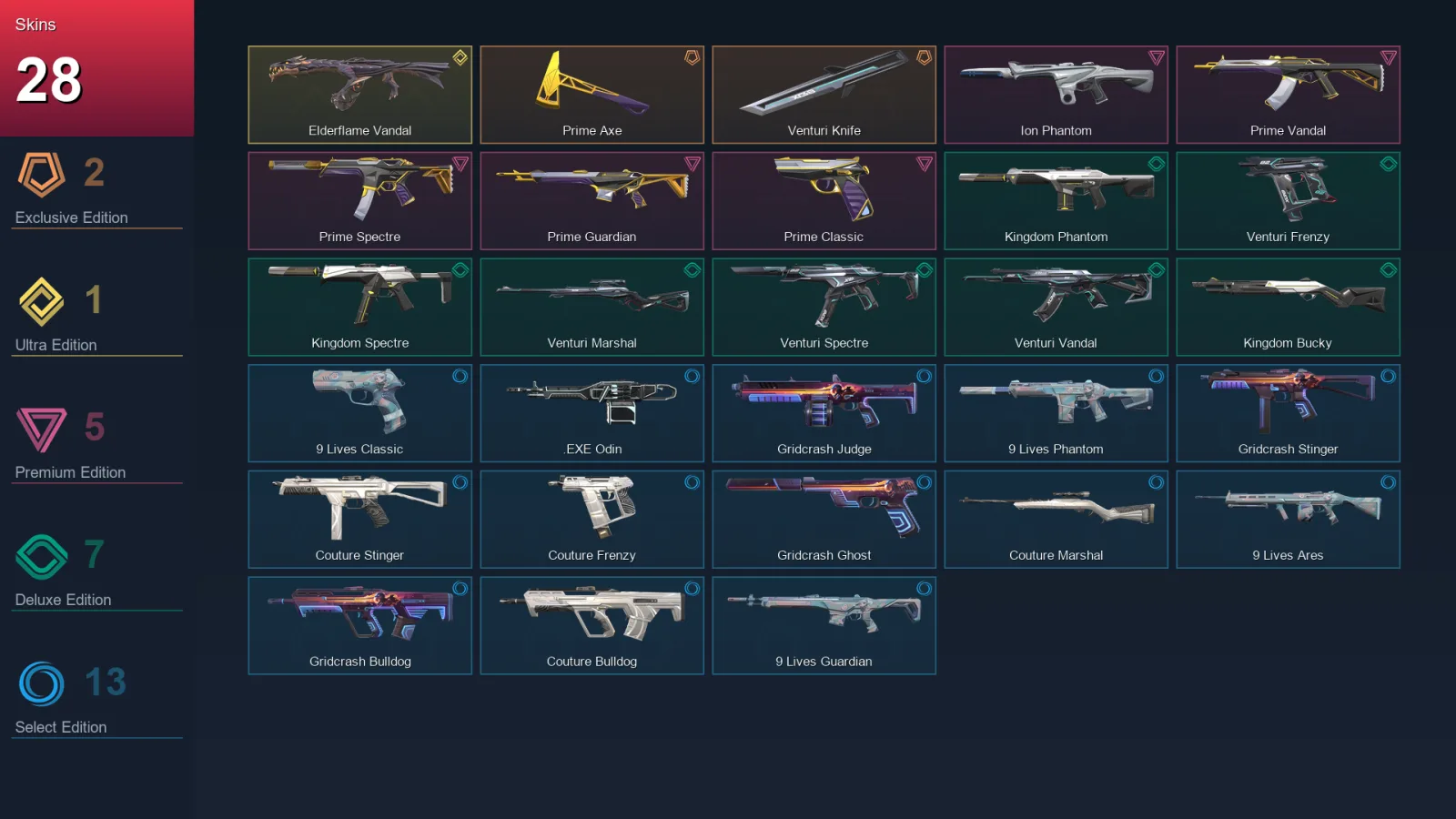 NA | Prime Axe | Venturi Knife | Elderflame Vandal | Ion Phantom | 28 Skin | 12 Agent | 28 Buddy | Lv44 — Valorant account