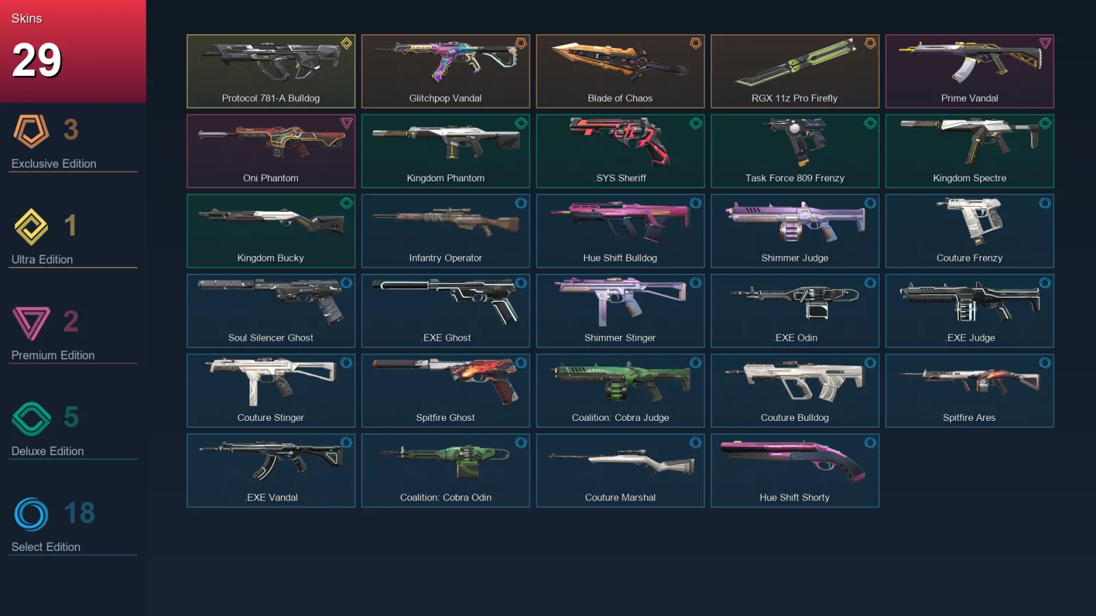EU | Glitchpop Vandal | Blade of Chaos | RGX 11z Pro Firefly | Protocol 781-A Bulldog | 29 Skin | 18 Agent | 36 Buddy | Lv54