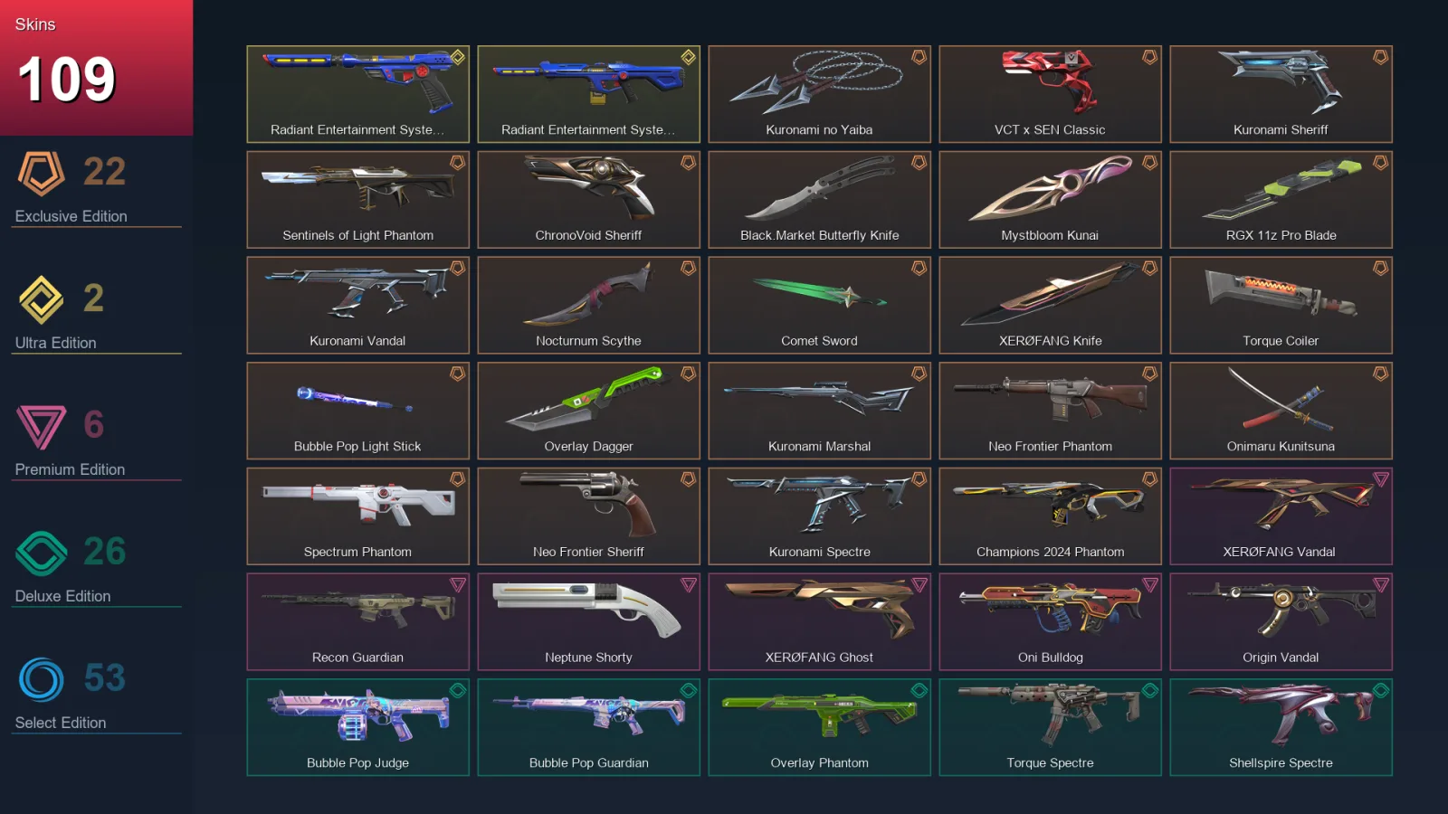 NA | Kuronami no Yaiba | VCT x SEN Classic | Kuronami Sheriff | Sentinels of Light Phantom | 109 Skin | 29 Agent | 104 Buddy | Lv181
