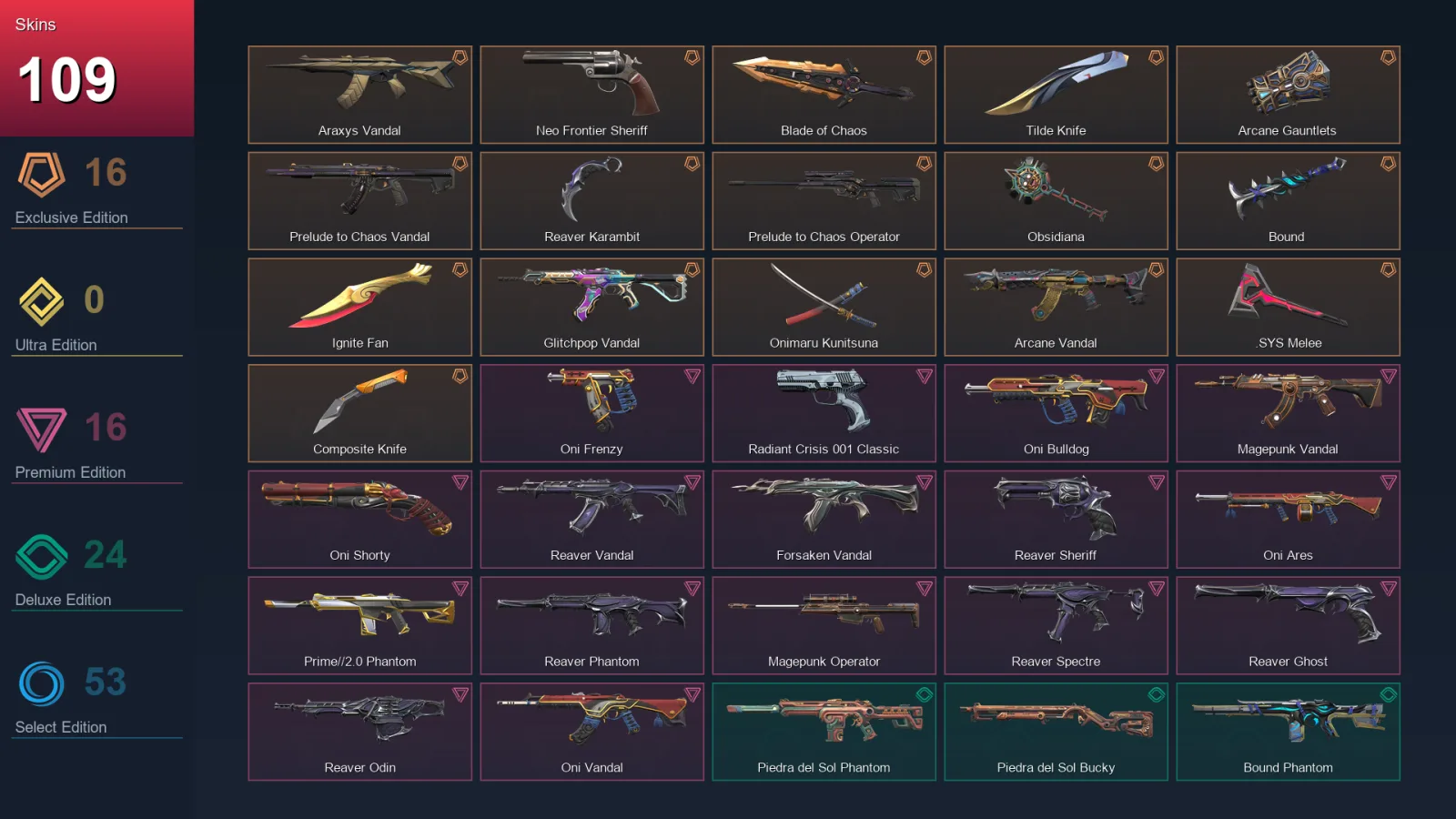 AP | Lv222 | Unranked | 109 Skin | 28 Agent | 121 Buddy