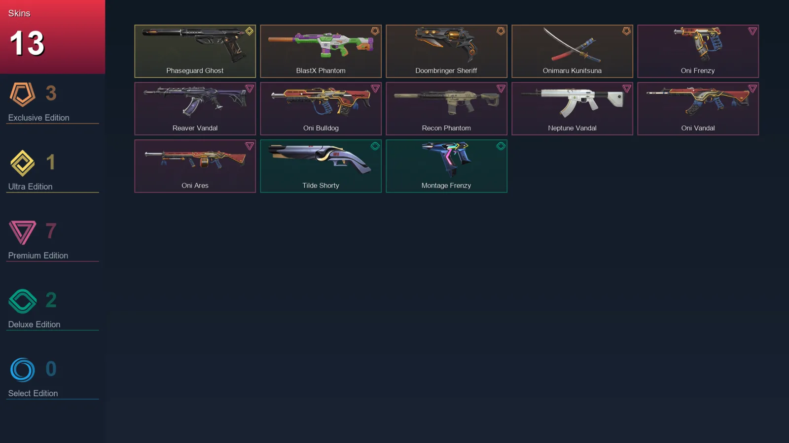 AP | BlastX Phantom | Doombringer Sheriff | Onimaru Kunitsuna | Phaseguard Ghost | 13 Skin | 28 Agent | 36 Buddy | Lv107