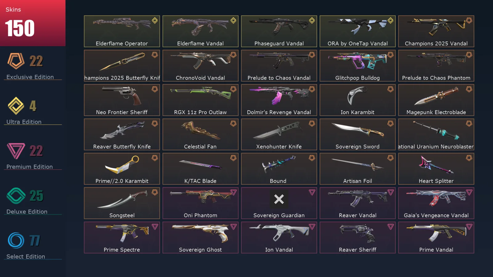 [Valorant] | EU | Level 500 | Platinum 1 | 29 Agents | 150 Skins