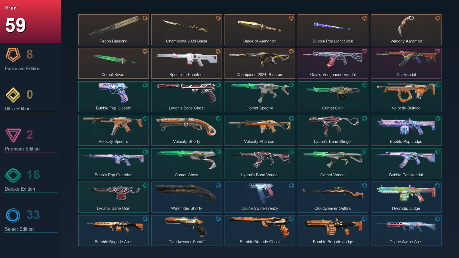 NA | Lv78 | Unranked | 59 Skin | 20 Agent | 59 Buddy