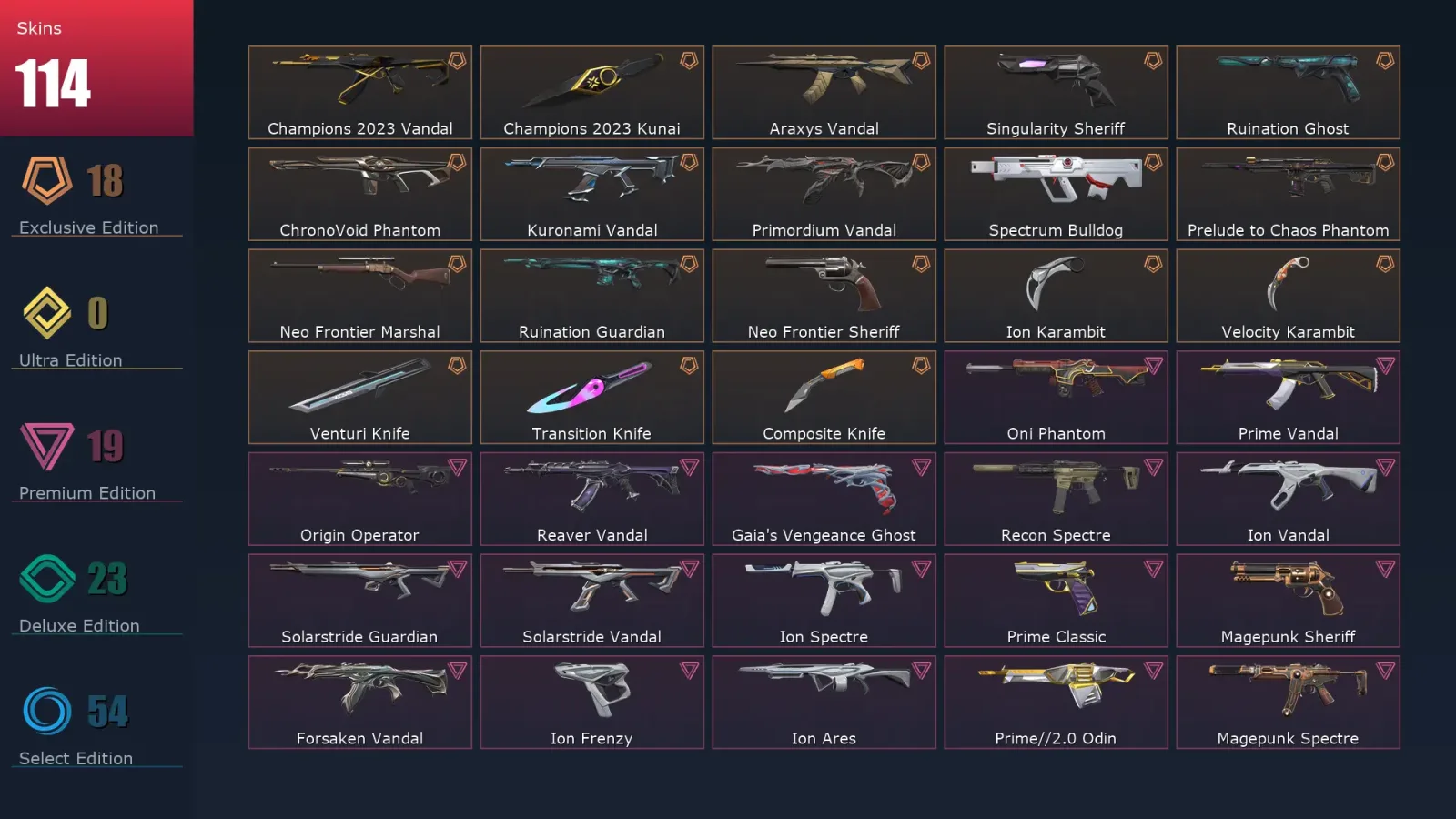 [Valorant] | EU | Level 500 | 29 Agents | 114 Skins
