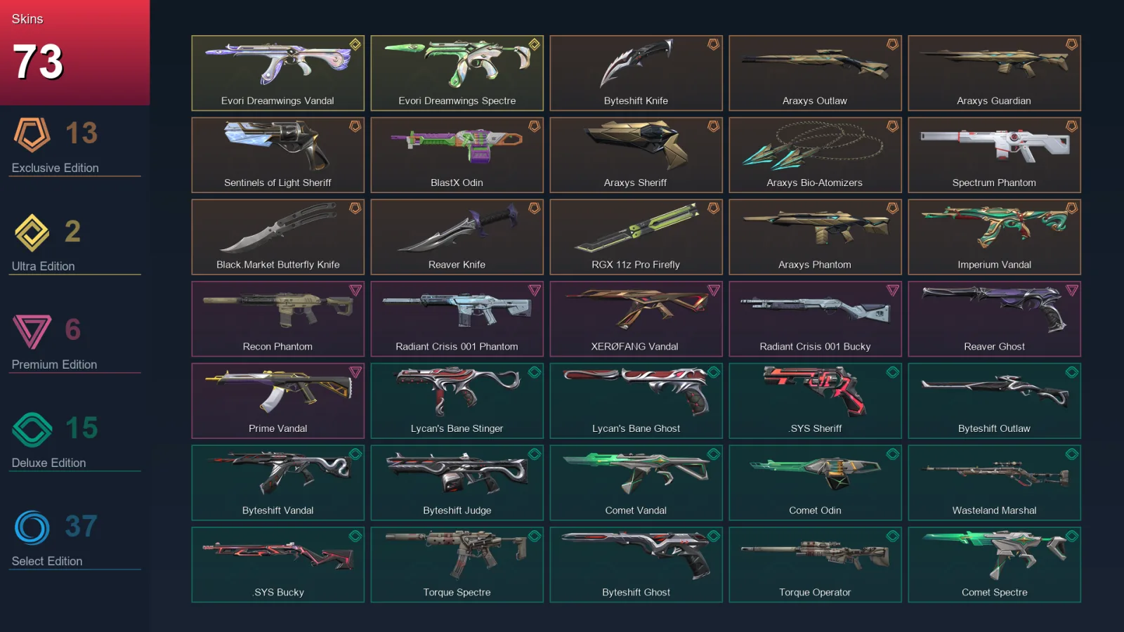 AP | Lv135 | Unranked | 73 Skin | 28 Agent | 79 Buddy
