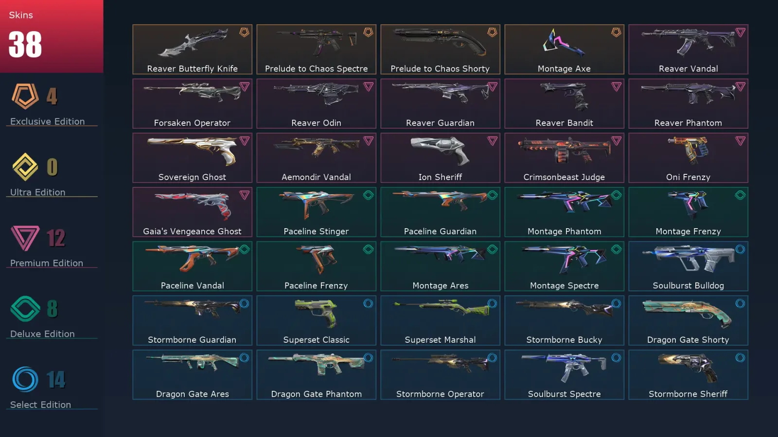 [Valorant] | EU | Level 1 | Immortal 1 | 17 Agents | 38 Skins