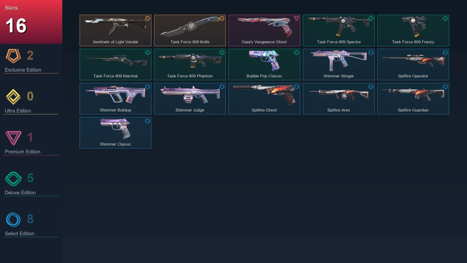 EU | Sentinels of Light Vandal | Task Force 809 Knife | Gaia's Vengeance Ghost | Task Force 809 Spectre | 16 Skin | 20 Agent | 41 Buddy | Lv83