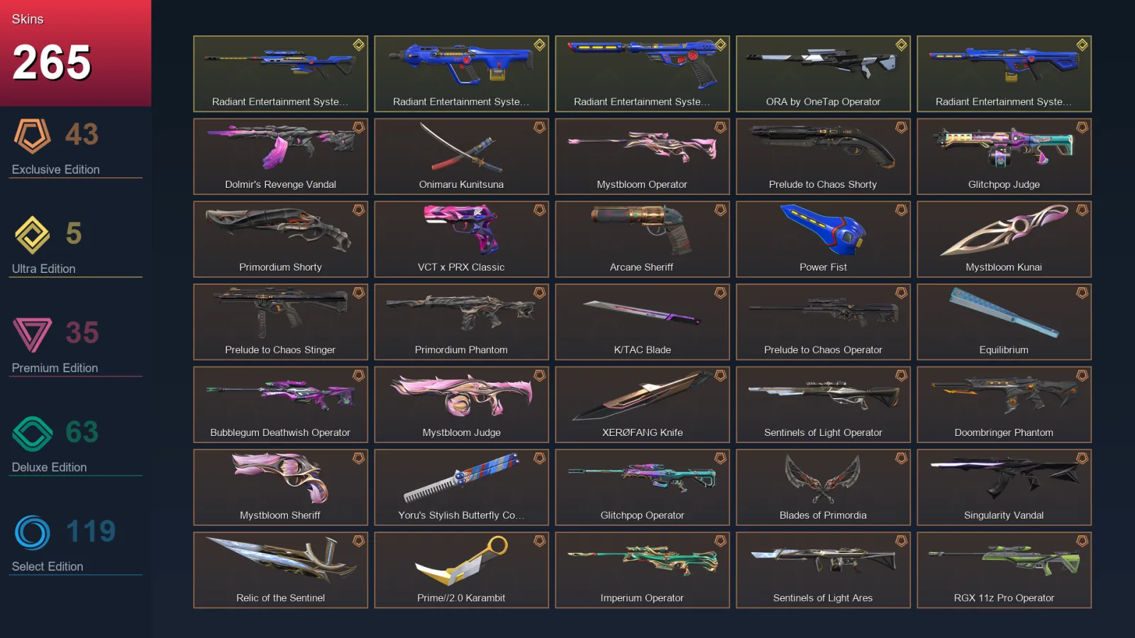 NA | Dolmir's Revenge Vandal | Onimaru Kunitsuna | Mystbloom Operator | Prelude to Chaos Shorty | 265 Skin | 27 Agent | 181 Buddy | Lv167