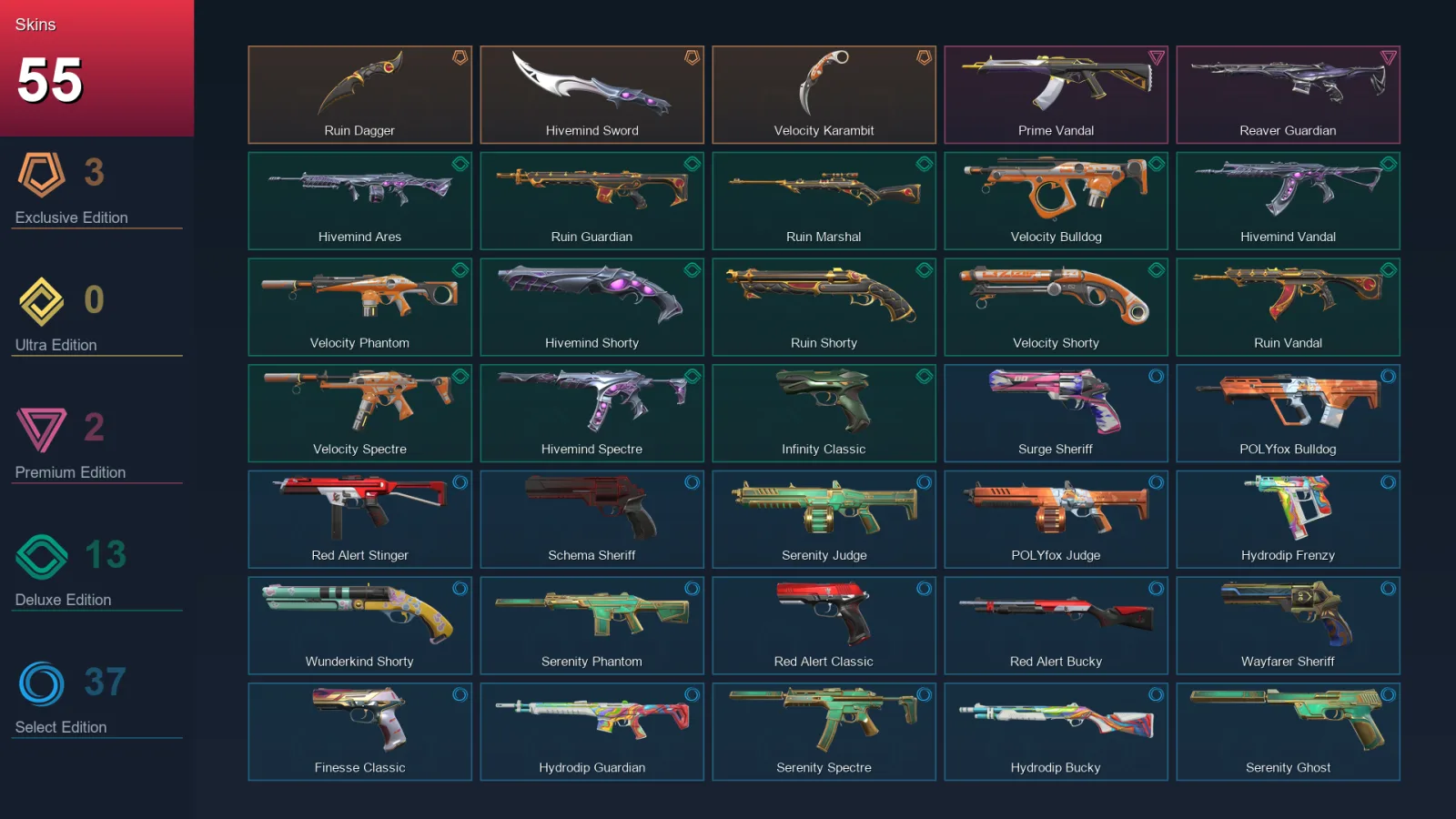 LA | Ruin Dagger | Hivemind Sword | Velocity Karambit | Prime Vandal | 55 Skin | 23 Agent | 102 Buddy | Lv214