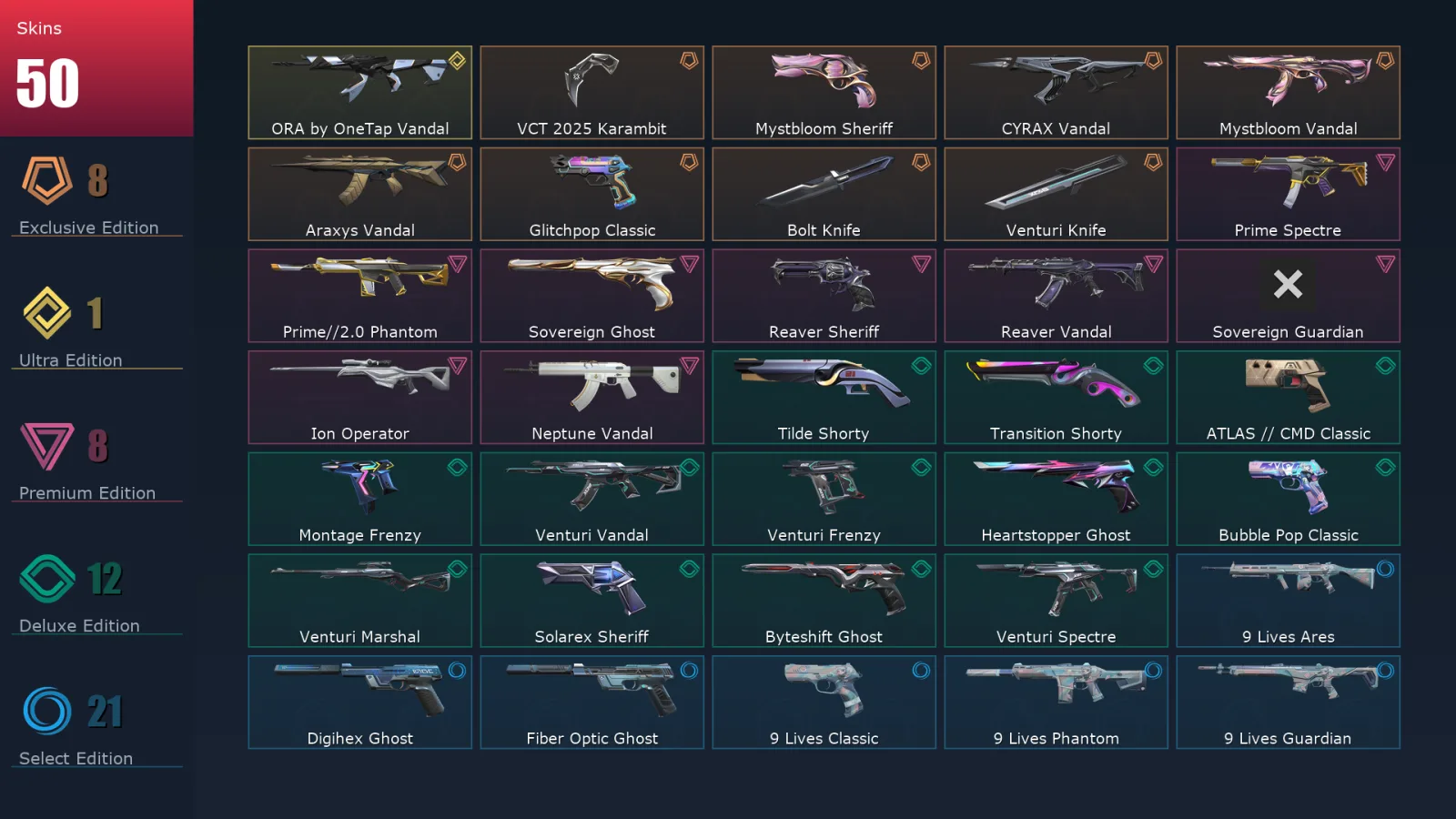 [Valorant] | EU | Level 324 | Silver 2 | 29 Agents | 50 Skins
