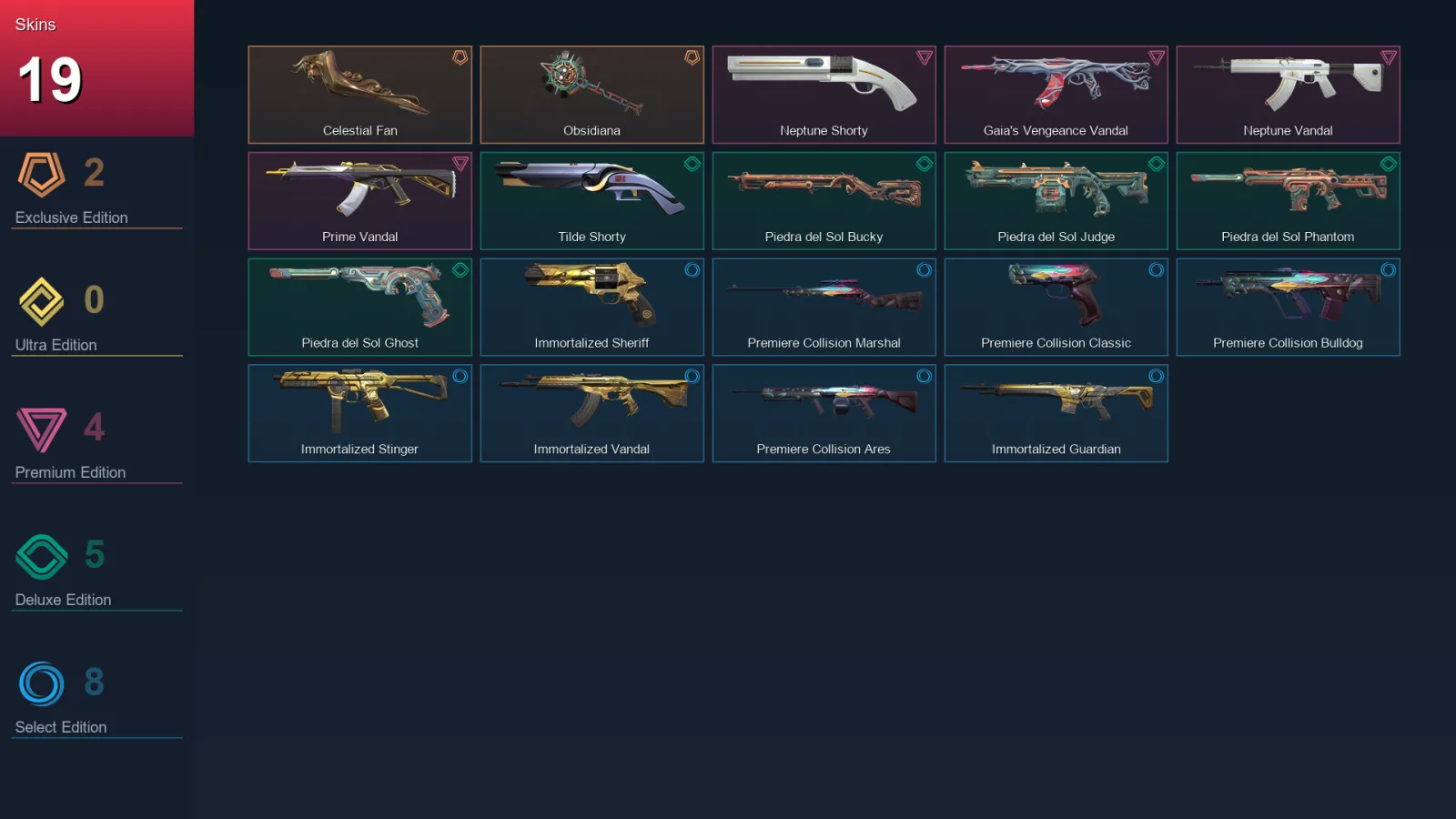 EU | Celestial Fan | Obsidiana | Neptune Shorty | Gaia's Vengeance Vandal | 19 Skin | 23 Agent | 33 Buddy | Lv83