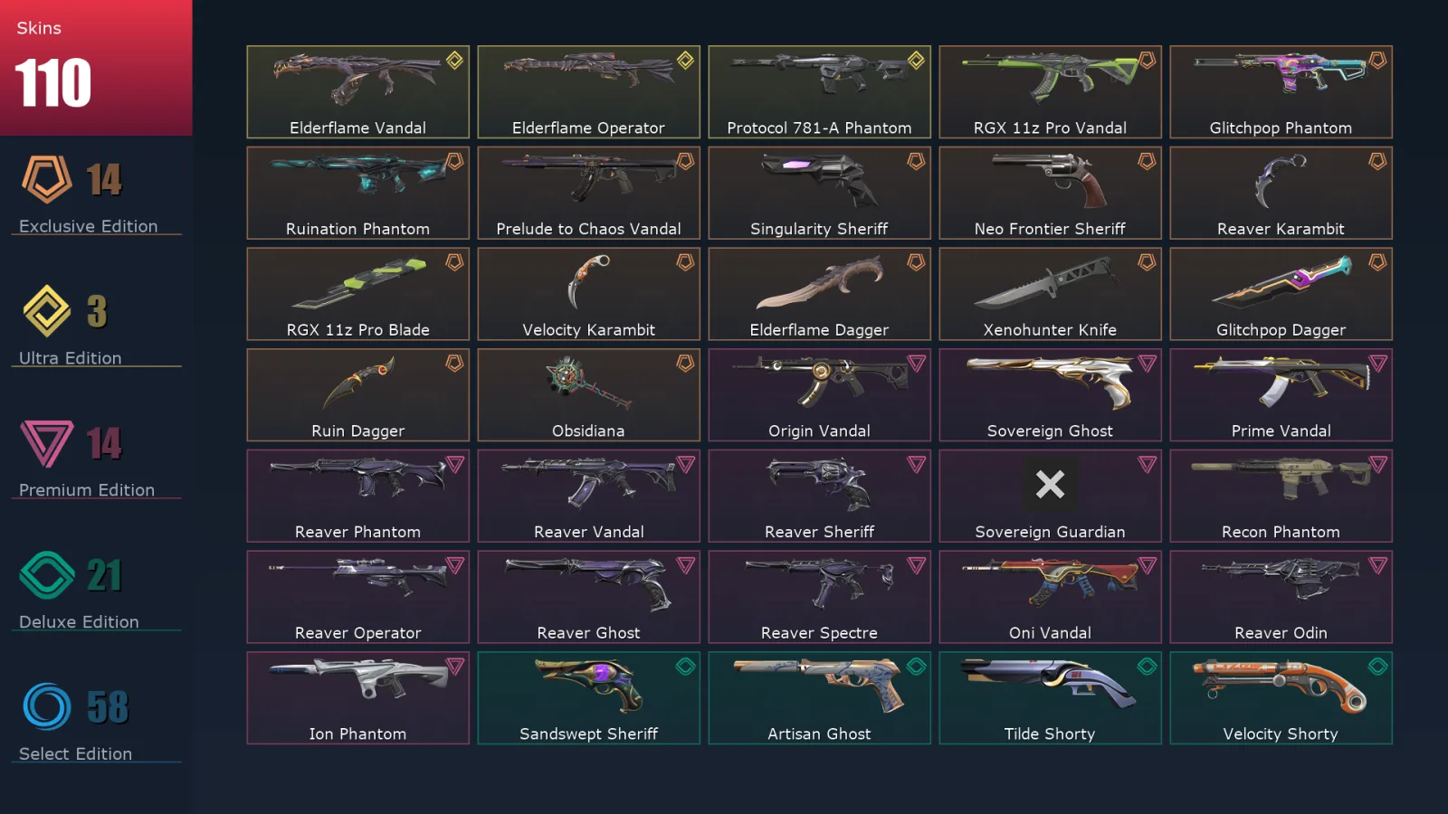 [Valorant] | EU | Level 500 | 28 Agents | 110 Skins