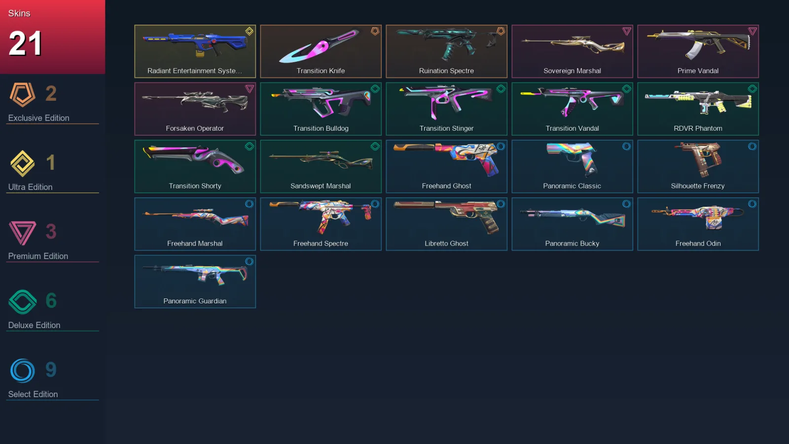 EU | Lv46 | Unranked | 21 Skin | 12 Agent | 18 Buddy — Ruination Spectre