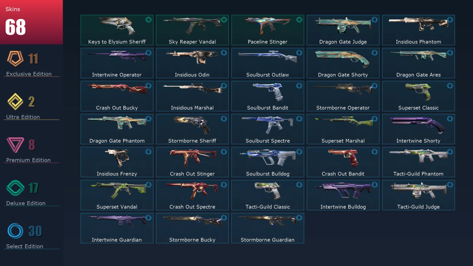[Valorant] | EU | Level 52 | Platinum 2 | 16 Agents | 68 Skins