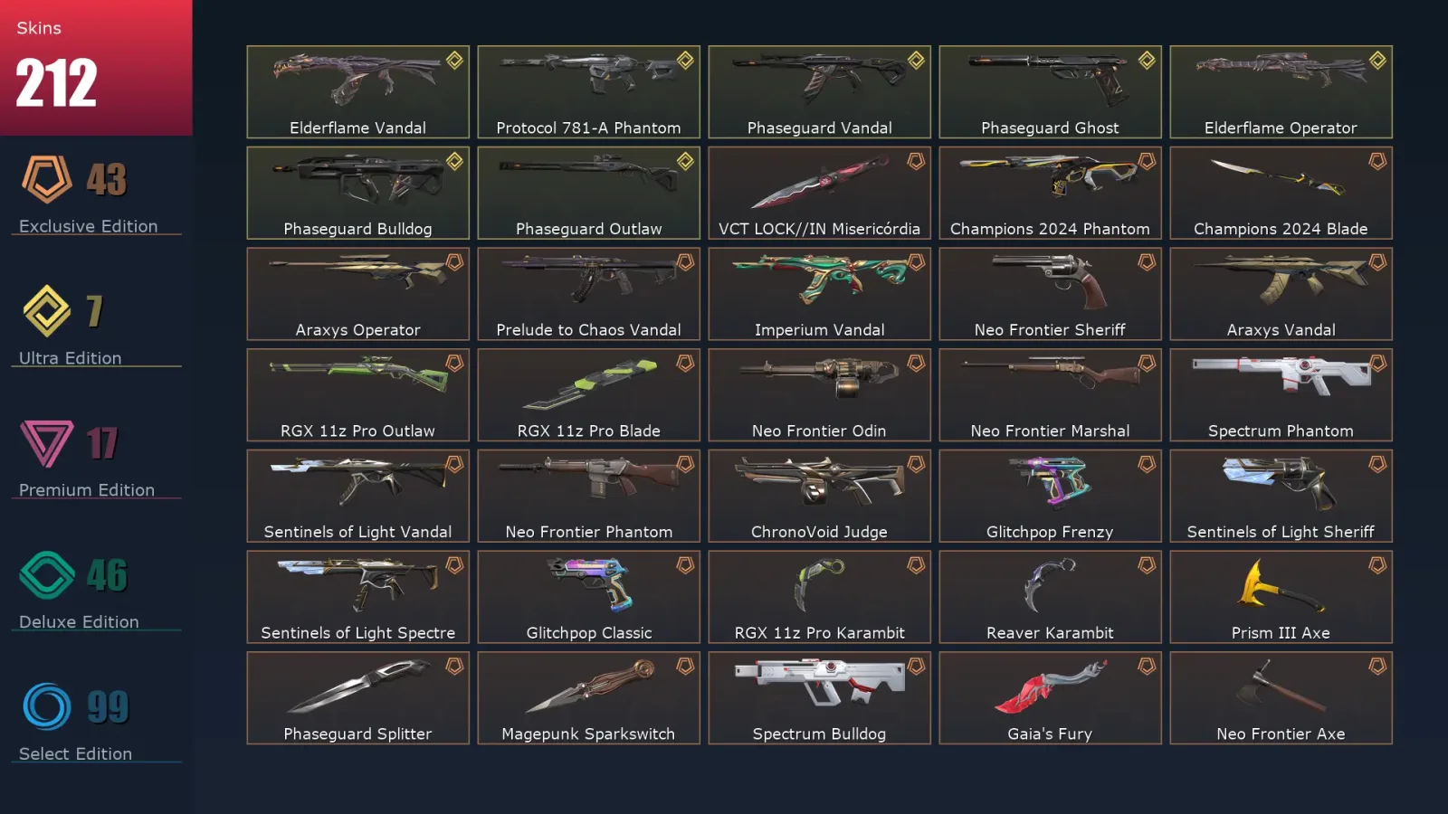 [Valorant] | EU | Level 385 | Diamond 2 | 29 Agents | 212 Skins