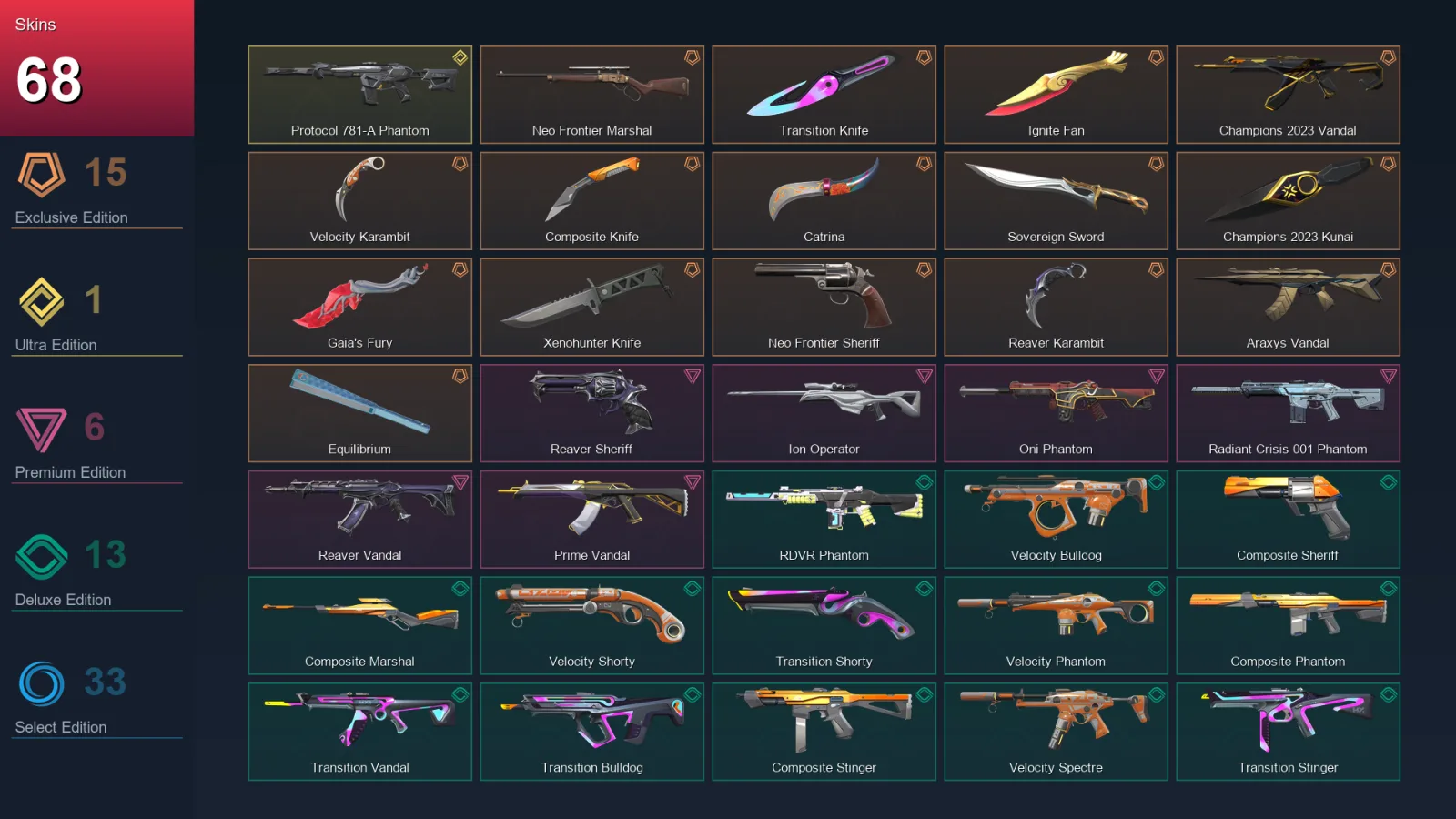 AP | Lv232 | Unranked | 68 Skin | 27 Agent | 100 Buddy