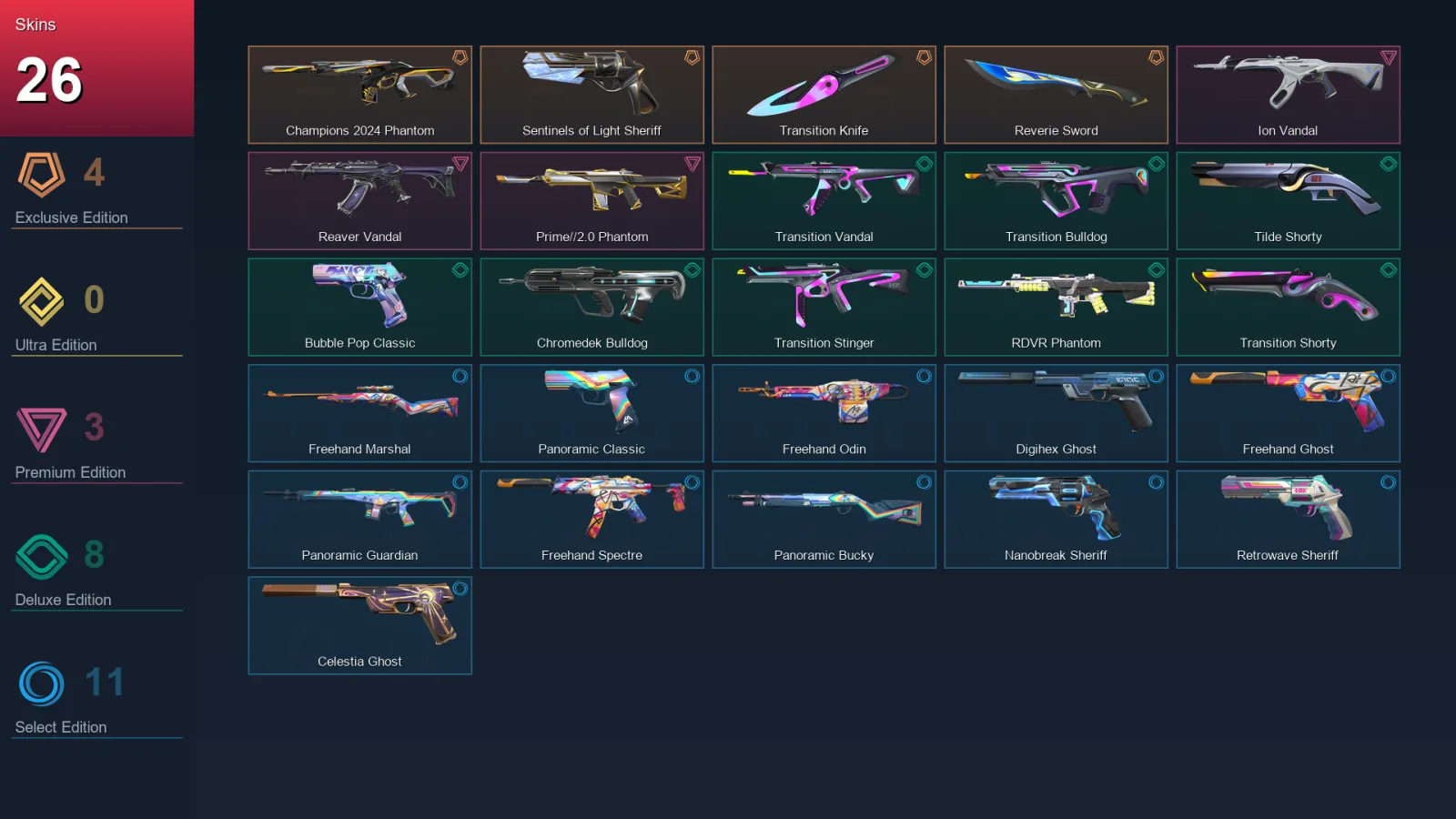 BR | Lv172 | Unranked | 26 Skin | 27 Agent | 74 Buddy &mdash; Valorant account with Classic skin