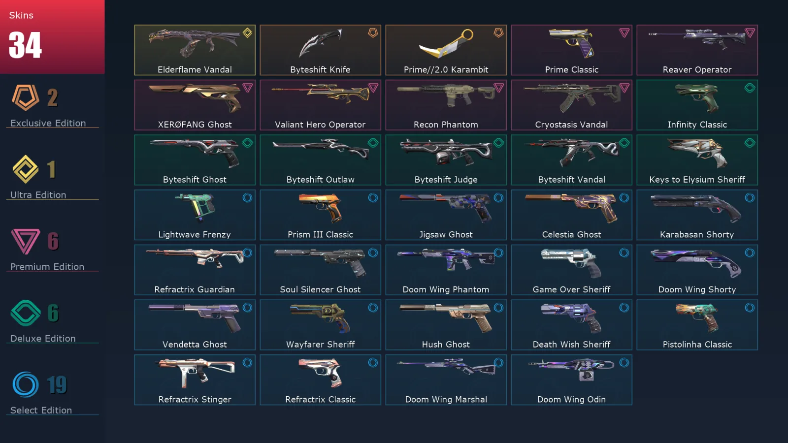 [Valorant] | EU | Level 223 | Platinum 1 | 29 Agents | 34 Skins