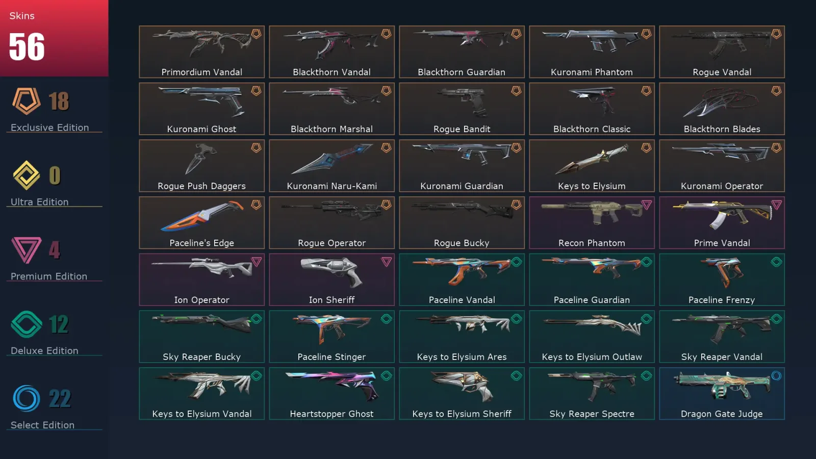[Valorant] | EU | Level 63 | Ascendant 3 | 18 Agents | 56 Skins