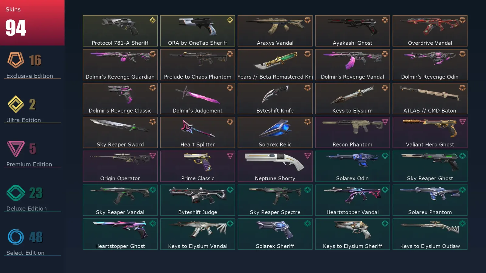[Valorant] | EU | Level 210 | Platinum 2 | 29 Agents | 94 Skins