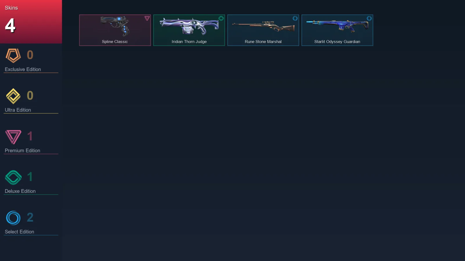 AP | Spline Classic | Iridian Thorn Judge | Rune Stone Marshal | Starlit Odyssey Guardian | 4 Skin | 6 Agent | 3 Buddy | Lv7