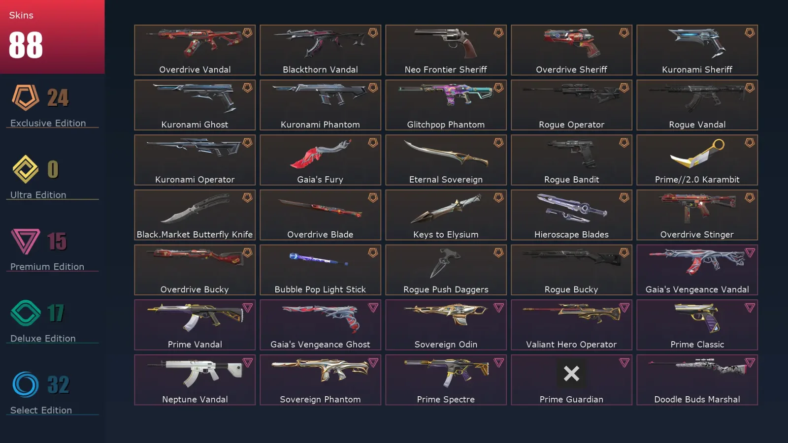 [Valorant] | EU | Level 217 | Silver 2 | 29 Agents | 88 Skins