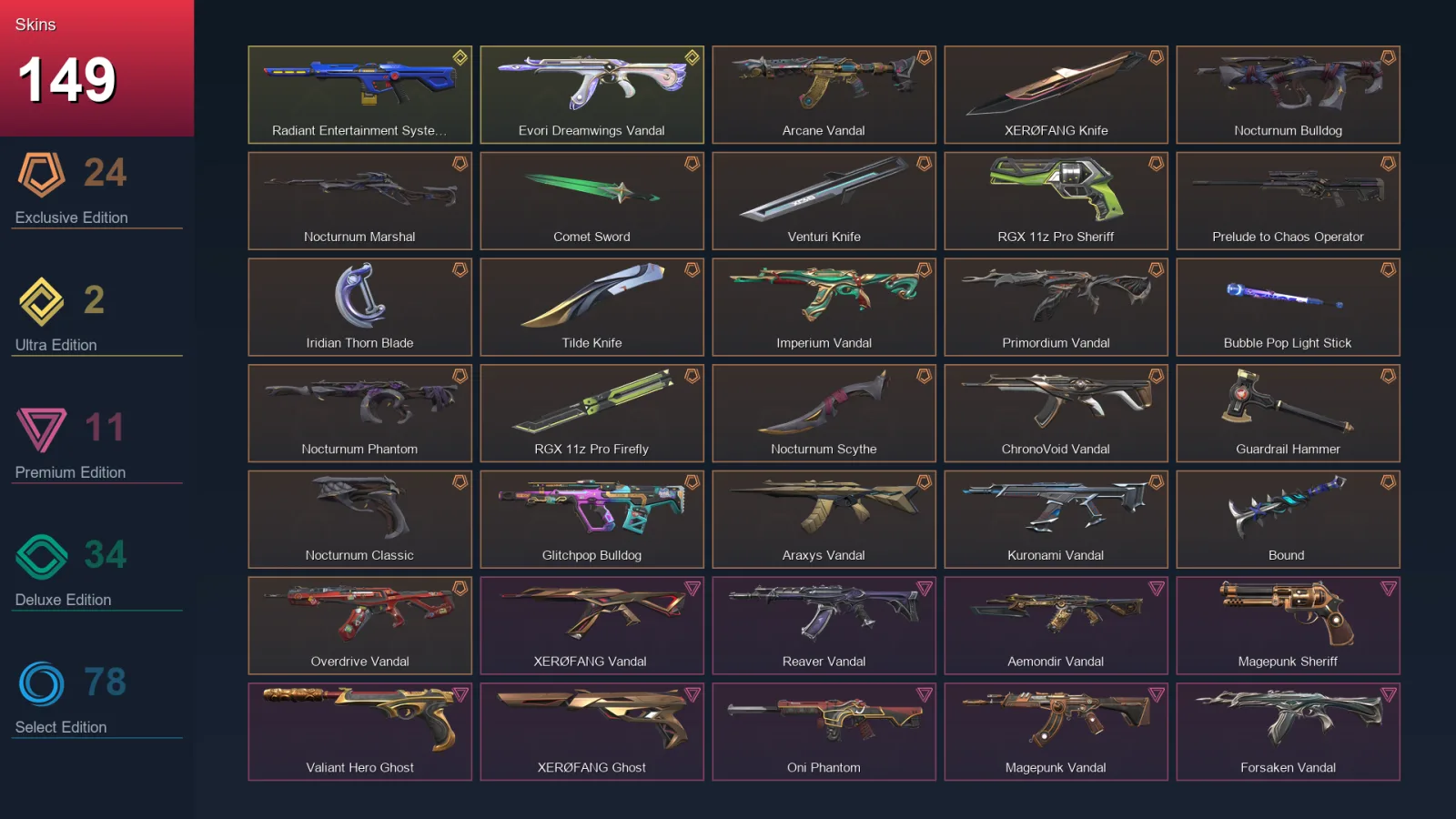 EU | Lv215 | Unranked | 149 Skin | 26 Agent | 120 Buddy — Unranked / Smurf Valorant