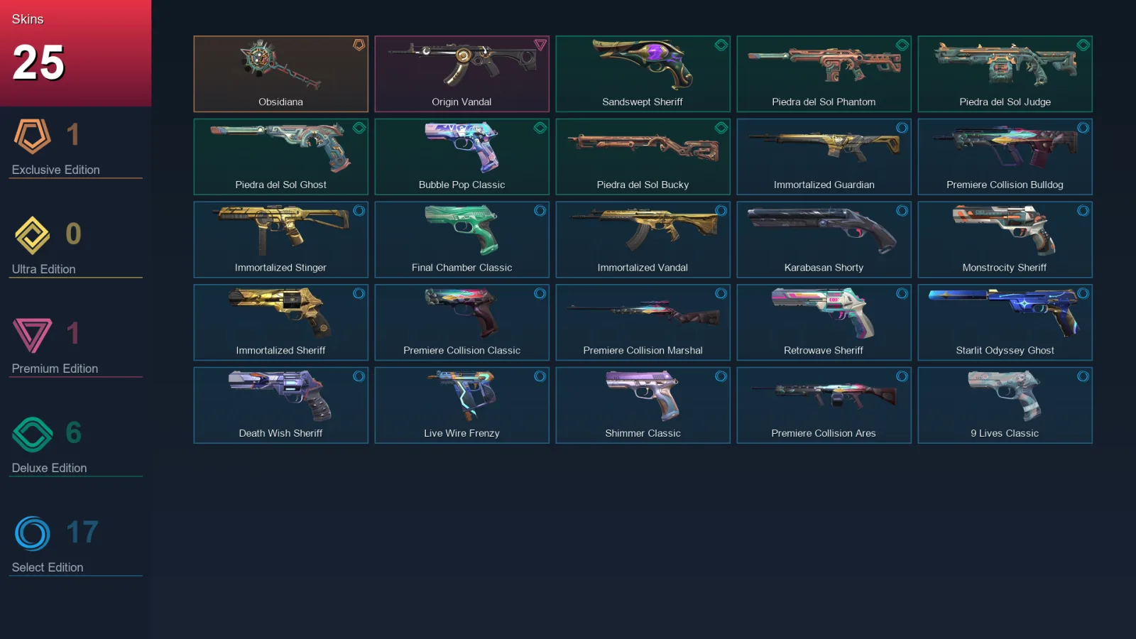 EU | Obsidiana | Origin Vandal | Sandswept Sheriff | Piedra del Sol Phantom | 25 Skin | 25 Agent | 83 Buddy | Lv256