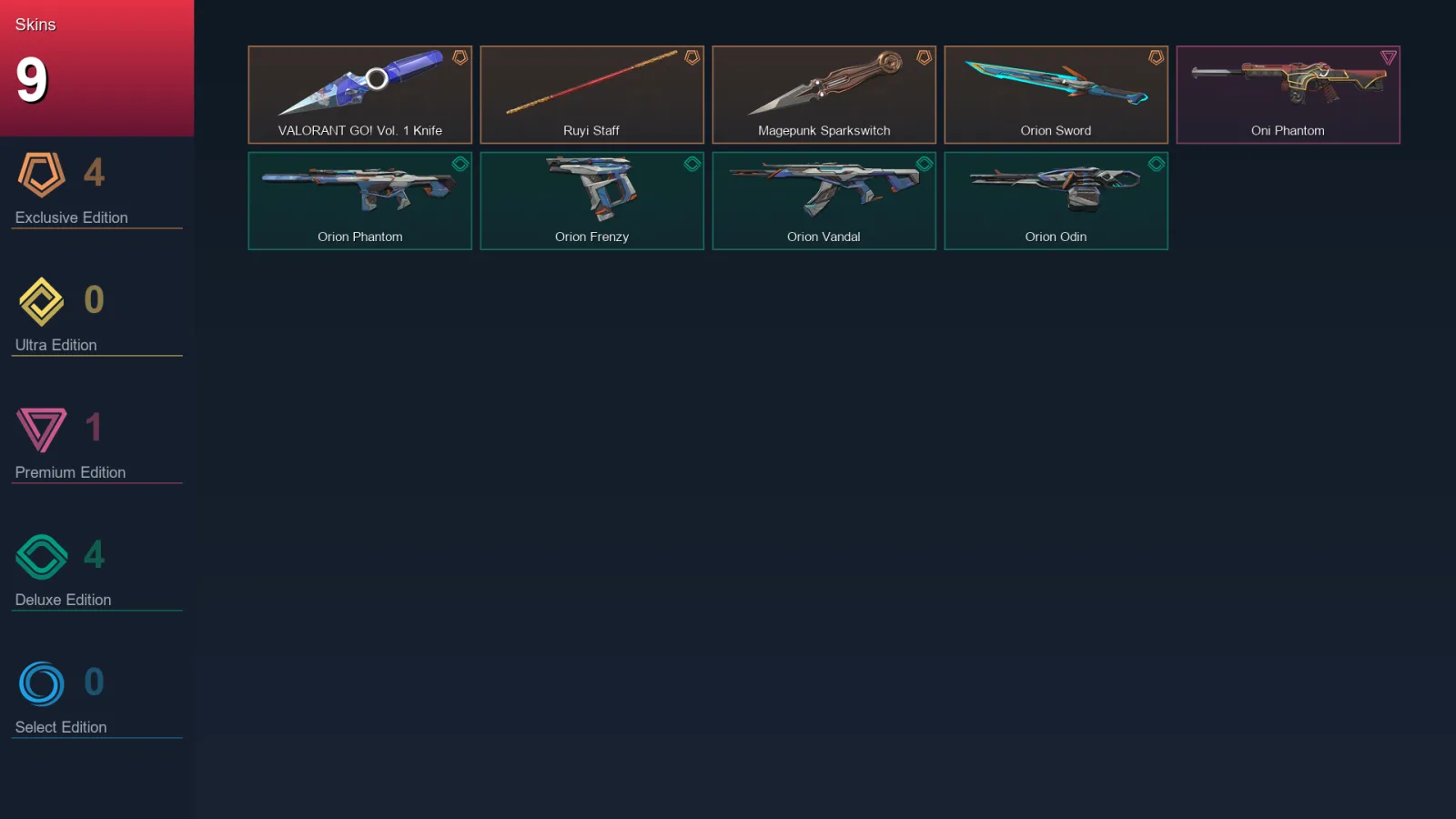 AP | VALORANT GO! Vol. 1 Knife | Ruyi Staff | Magepunk Sparkswitch | Orion Sword | 9 Skin | 7 Agent | 5 Buddy | Lv12
